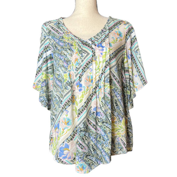 Maeve Anthropologie Flutter Sleeve Blouse in Blue Multicolored Print Size 0 - Picture 1 of 5